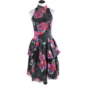 Vintage 1980s Black Floral Backless Cachet Dress By Bari Protas Medium